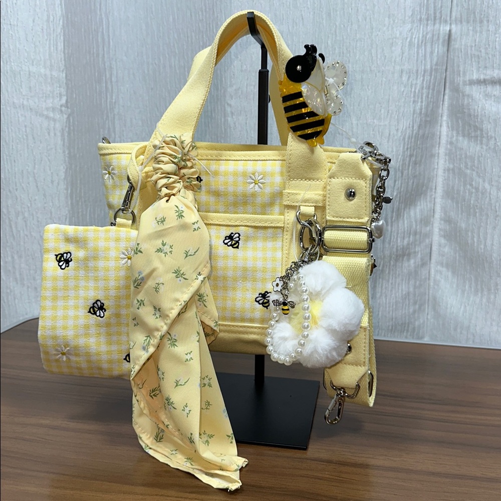 Mini tote Madden Girl Yellow Gingham Crossbody with Bee & Flower Charms